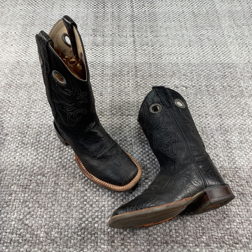Old West BSC1989 Cowboy Boots Kids 2.0-D Black Leather Square Toe Stitching